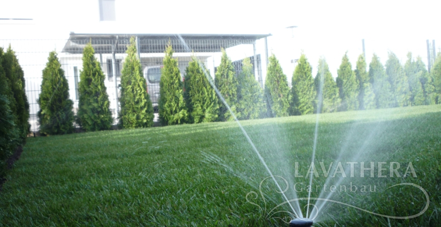 Rollrasen, Bewasserungsanlage und smaragd tujen